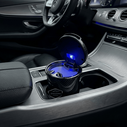 Cenicero de coche de lujo universal de porcelana ignífuga, inodoro, con luz azul, sin humo, con tapa, deportivo, para interior de coche, tapa de carbono
