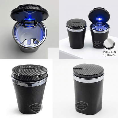Cenicero de coche de lujo universal de porcelana ignífuga, inodoro, con luz azul, sin humo, con tapa, deportivo, para interior de coche, tapa de carbono