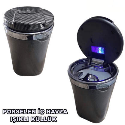 Cenicero de coche de lujo universal de porcelana ignífuga, inodoro, con luz azul, sin humo, con tapa, deportivo, para interior de coche, tapa de carbono
