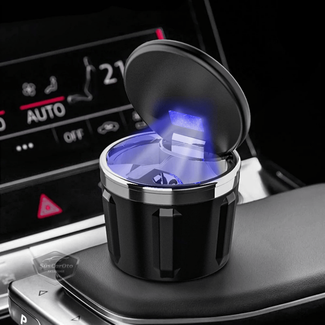 Cenicero de coche de lujo universal de porcelana, ignífugo, inodoro, con luz azul, cenicero de coche deportivo sin humo con tapa, negro y plateado ONK161