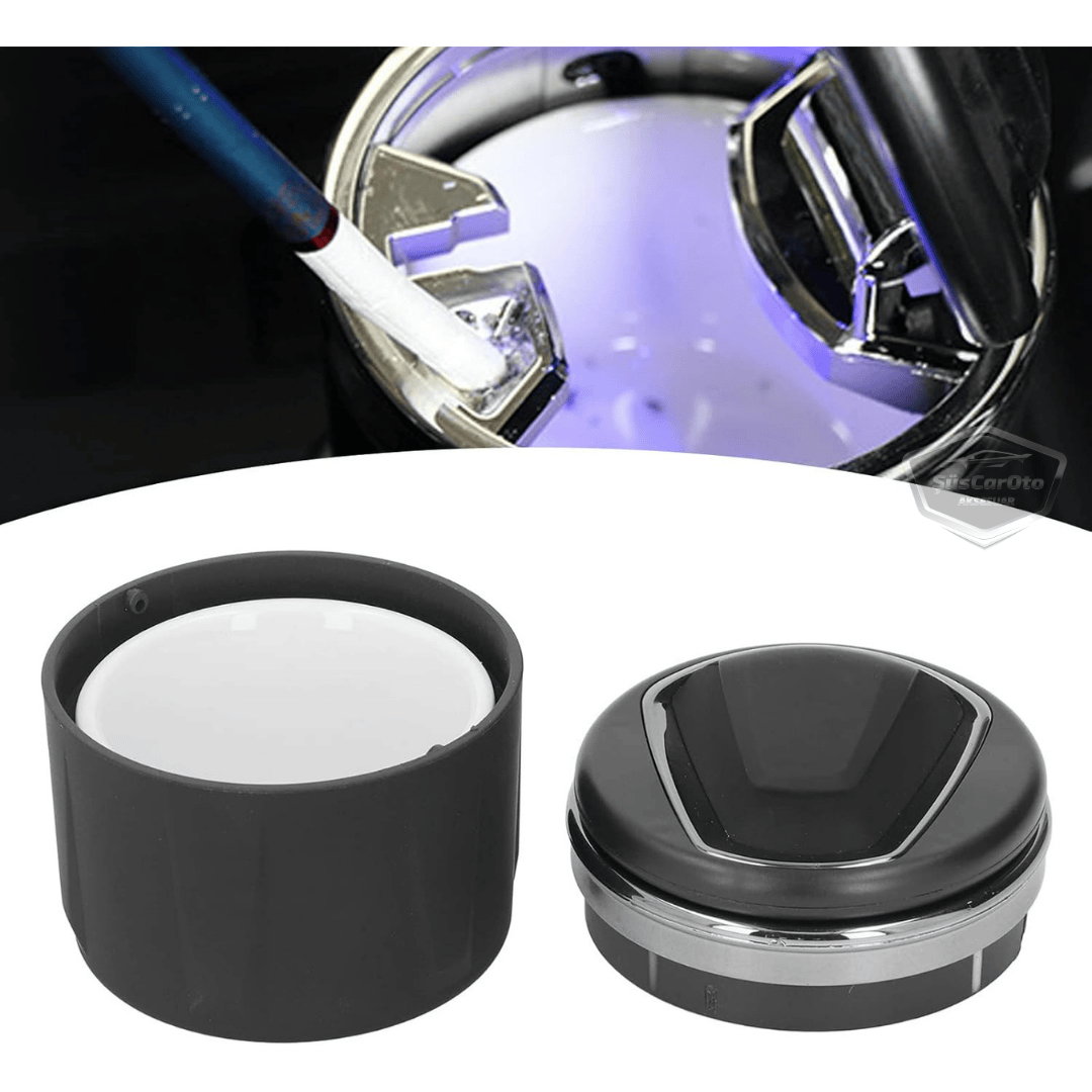 Cenicero de coche de lujo universal de porcelana, ignífugo, inodoro, con luz azul, cenicero de coche deportivo sin humo con tapa, negro y plateado ONK161