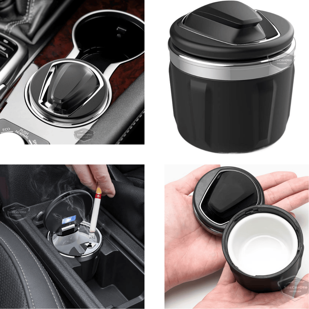 Cenicero de coche de lujo universal de porcelana, ignífugo, inodoro, con luz azul, cenicero de coche deportivo sin humo con tapa, negro y plateado ONK161