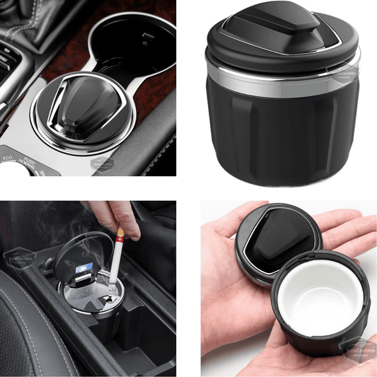 Cenicero de coche de lujo universal de porcelana, ignífugo, inodoro, con luz azul, cenicero de coche deportivo sin humo con tapa, negro y plateado ONK161