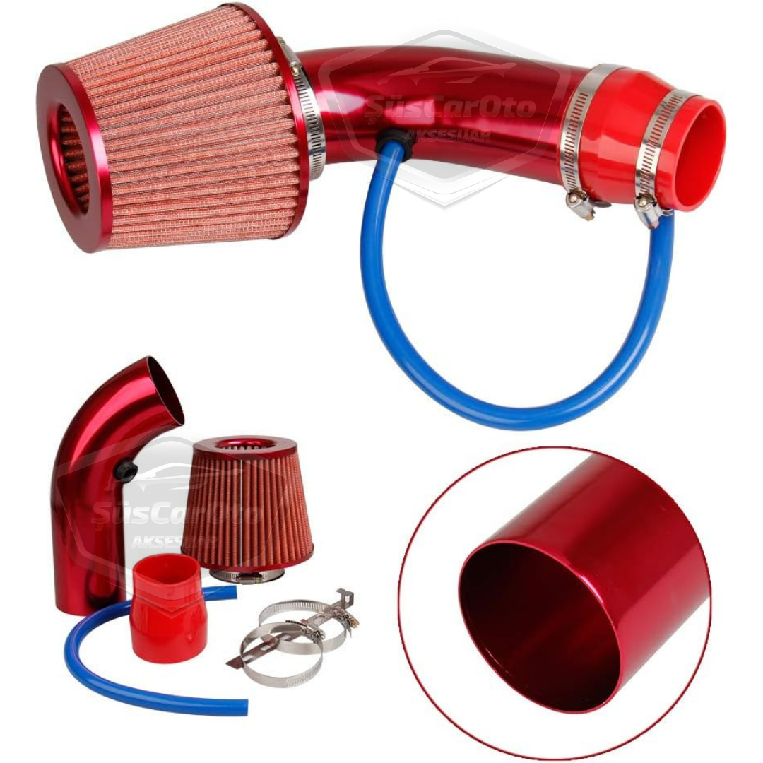 Kit de filtro de aire universal abierto para mejorar el sonido y el rendimiento, aleación de aluminio cromado Bigtube +6 CV 65-75 mm rojo