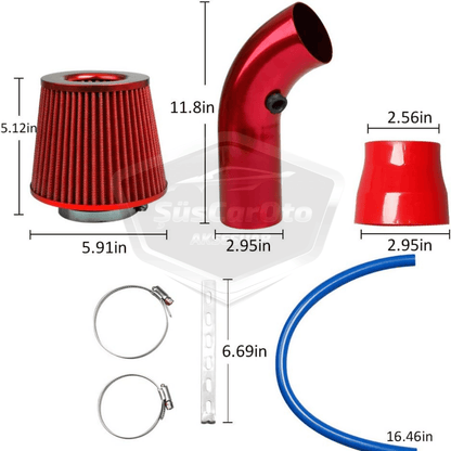Kit de filtro de aire universal abierto para mejorar el sonido y el rendimiento, aleación de aluminio cromado Bigtube +6 CV 65-75 mm rojo