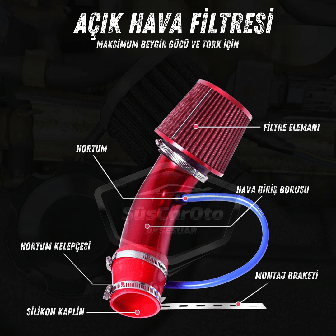 Kit de filtro de aire universal abierto para mejorar el sonido y el rendimiento, aleación de aluminio cromado Bigtube +6 CV 65-75 mm rojo