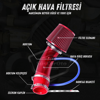 Kit de filtro de aire universal abierto para mejorar el sonido y el rendimiento, aleación de aluminio cromado Bigtube +6 CV 65-75 mm rojo