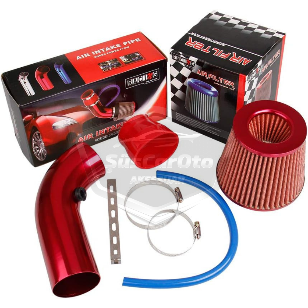 Kit de filtro de aire universal abierto para mejorar el sonido y el rendimiento, aleación de aluminio cromado Bigtube +6 CV 65-75 mm rojo