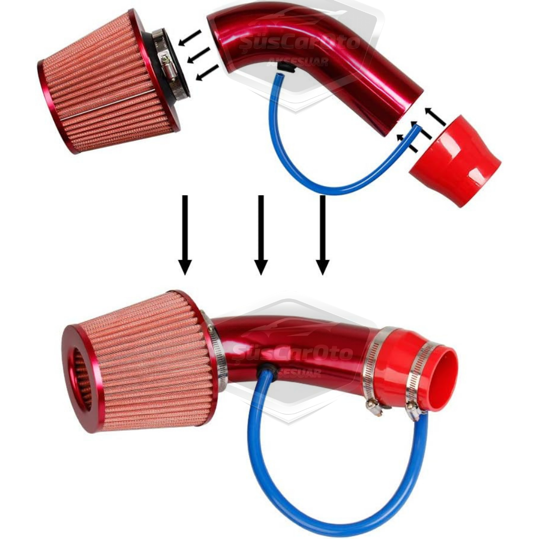 Kit de filtro de aire universal abierto para mejorar el sonido y el rendimiento, aleación de aluminio cromado Bigtube +6 CV 65-75 mm rojo