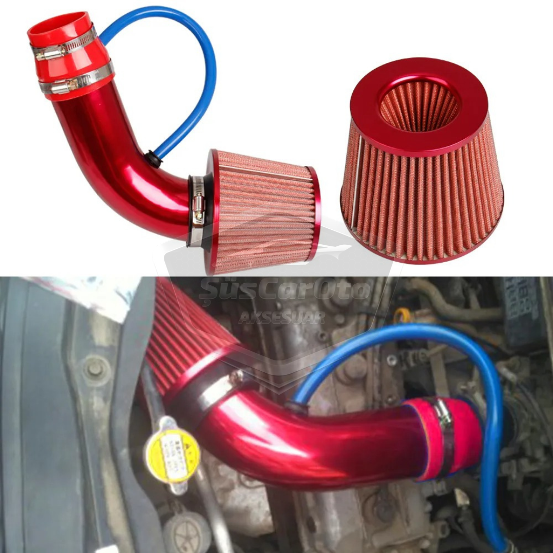 Kit de filtro de aire universal abierto para mejorar el sonido y el rendimiento, aleación de aluminio cromado Bigtube +6 CV 65-75 mm rojo