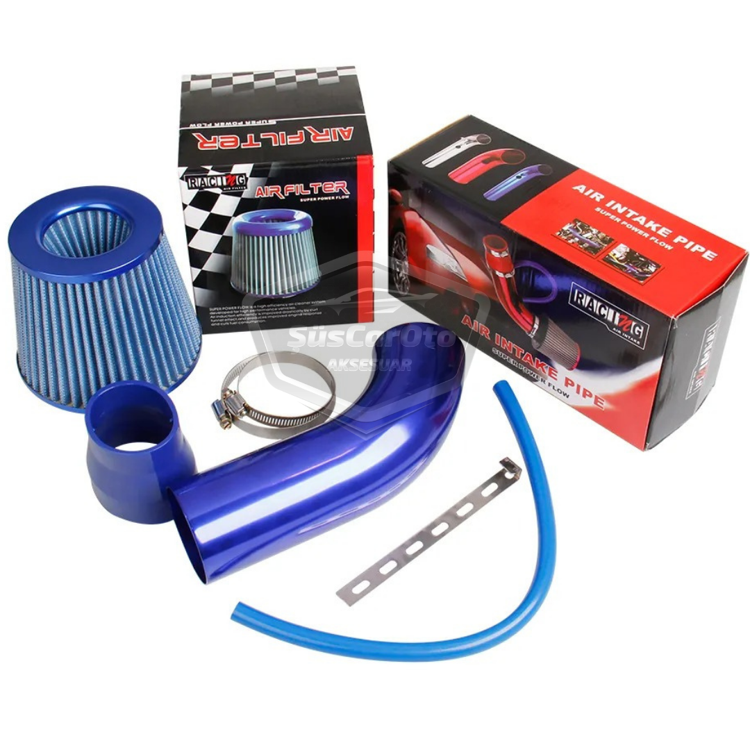 Kit universal de filtro de aire para mejorar el sonido y el rendimiento, aleación de aluminio cromado, Bigtube +6 Hp 65-75 mm, azul