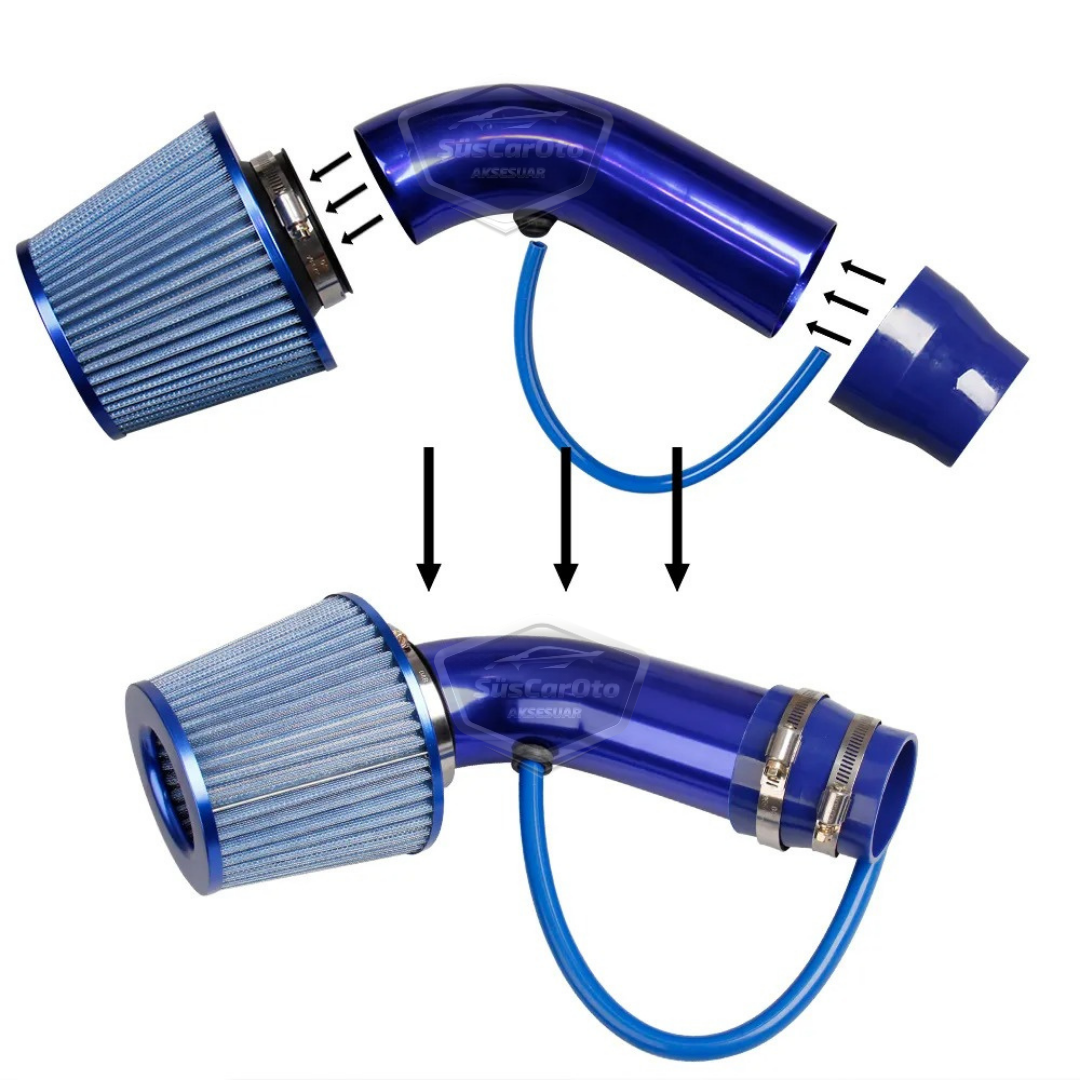 Kit universal de filtro de aire para mejorar el sonido y el rendimiento, aleación de aluminio cromado, Bigtube +6 Hp 65-75 mm, azul