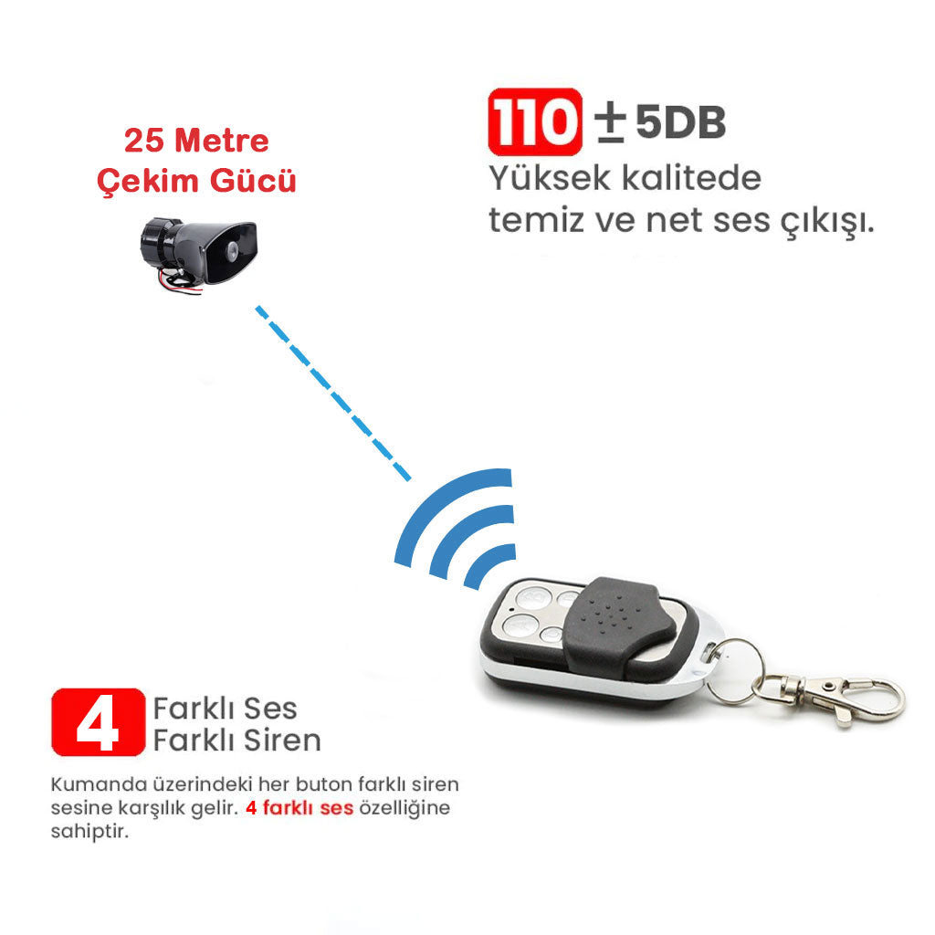 Sirena con control remoto, 4 sonidos de sirena diferentes, bocina, sirena de policía potente 12V