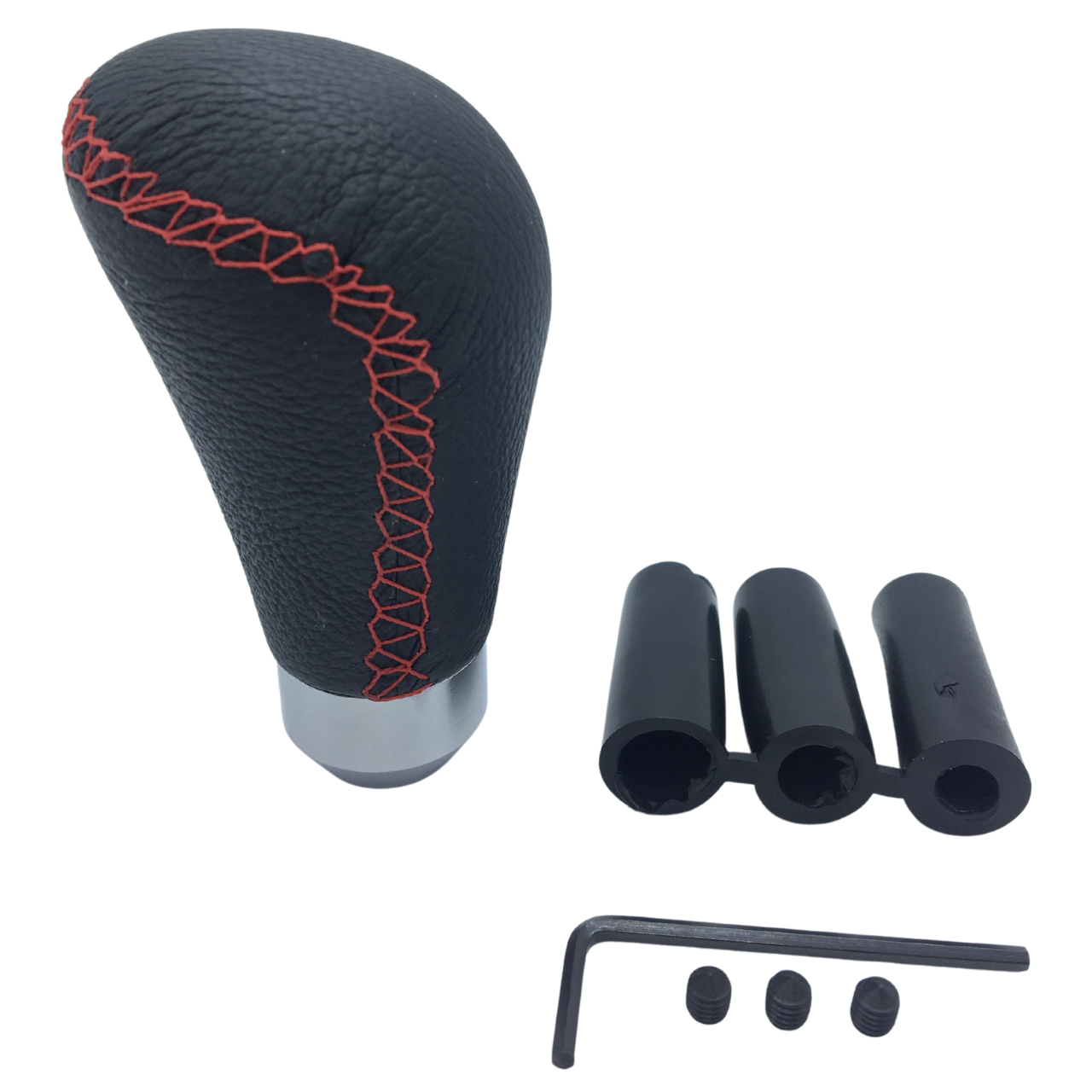 Pomo de palanca de cambios manual universal deportivo de cuero con costuras rojas y adaptador ONV230