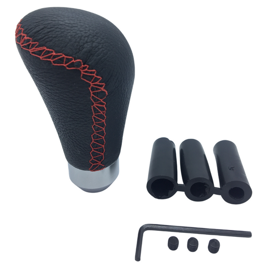 Pomo de palanca de cambios manual universal deportivo de cuero con costuras rojas y adaptador ONV230