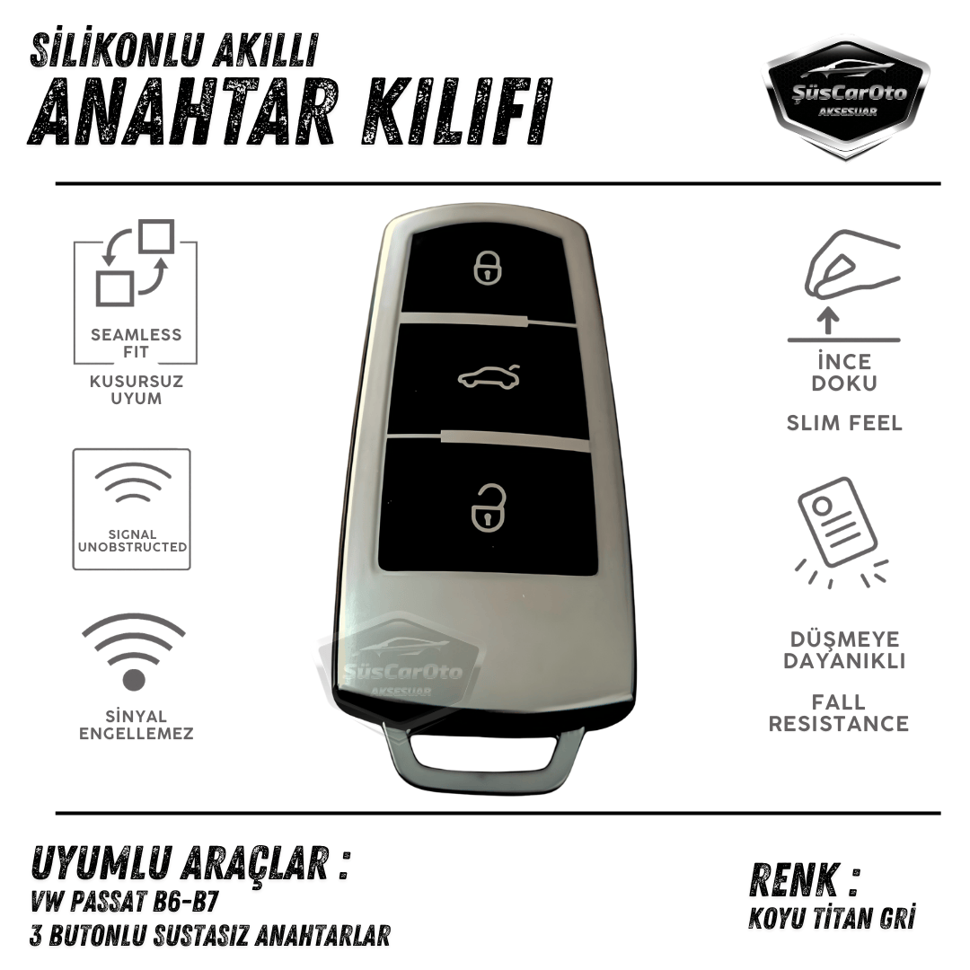 Funda de silicona para llave de coche Volkswagen Passat B6 B7, cubierta de llave de coche, llavero amortiguador, gris titanio oscuro PNT105