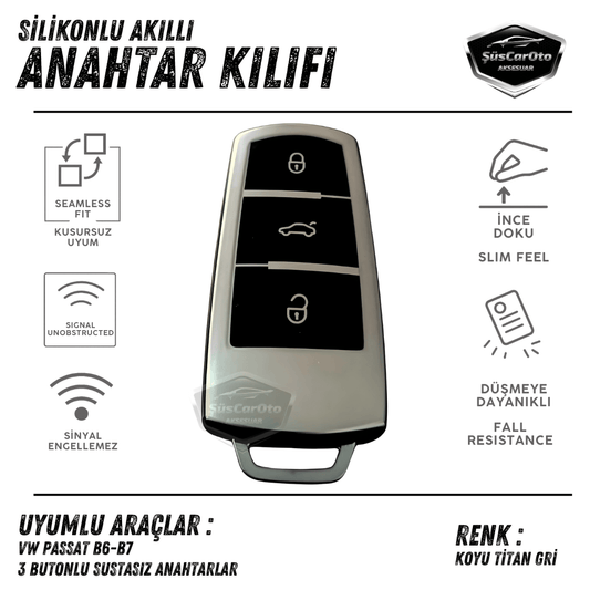 Volkswagen Passat B6 B7 Uyumlu Silikon Anahtar Kılıfı Oto Anahtar Kabı Darbe Emici Anahtarlık Koyu Titan Gri PNT105