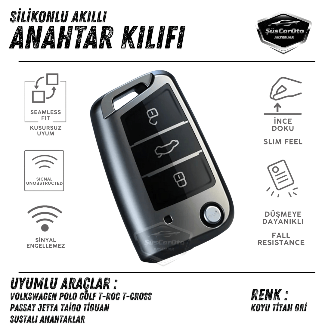 Volkswagen Polo Golf T-Roc T-Cross Passat Jetta Taigo Tiguan Funda de silicona para llave compatible con llave plegable Carcasa para llave de coche Amortiguador Llavero Gris Titanio Oscuro PNT104