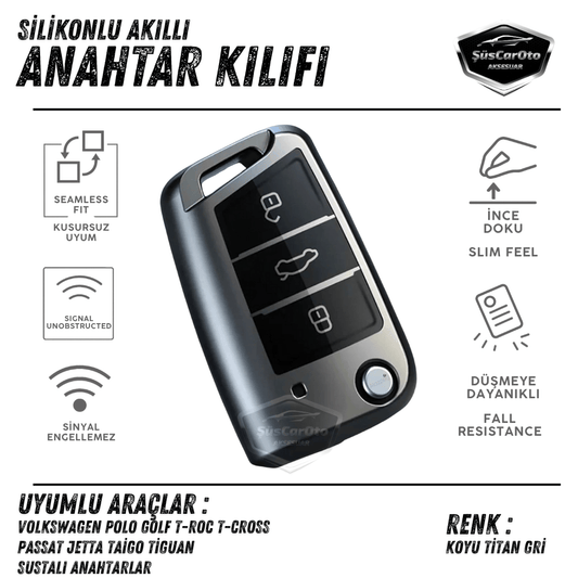 Volkswagen Polo Golf T-Roc T-Cross Passat Jetta Taigo Tiguan Sustalı Anahtar Uyumlu Silikon Anahtar Kılıfı Oto Anahtar Kabı Darbe Emici Anahtarlık Koyu Titan Gri PNT104