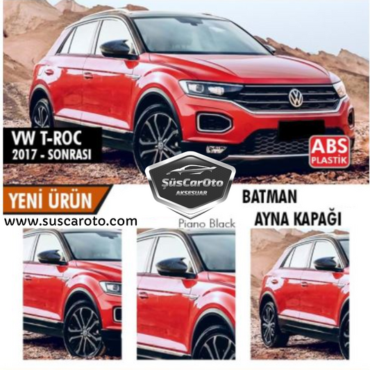 Cubierta de espejo retrovisor tipo ala de murciélago Piano Black ABS Plástico para VW T-Roc 2017 en adelante