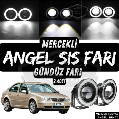 Faros antiniebla universales de lente Angel Eyes con anillo blanco de 76 mm, resistentes al agua y de metal, compatibles con VW Bora 1998-2006. 2 unidades.
