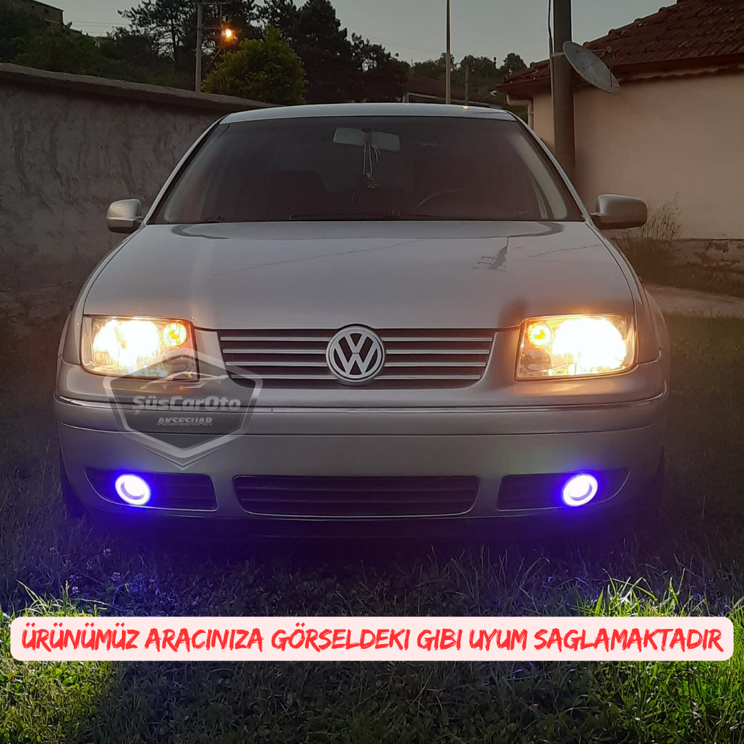 Faros antiniebla universales de lentes Angel Eyes compatibles con Vw Bora 1998-2006, metal, impermeables, 76 mm, halo azul, luz diurna, 2 unidades.