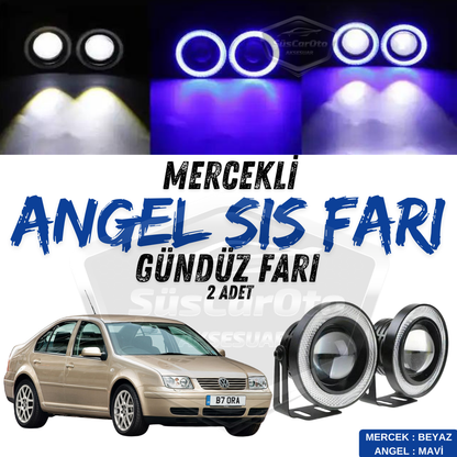 Faros antiniebla universales de lentes Angel Eyes compatibles con Vw Bora 1998-2006, metal, impermeables, 76 mm, halo azul, luz diurna, 2 unidades.