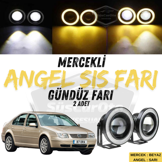 2 faros antiniebla universales de metal impermeables de 76 mm con lente y anillos amarillos tipo Angel Eye, compatibles con VW Bora 1998-2006.