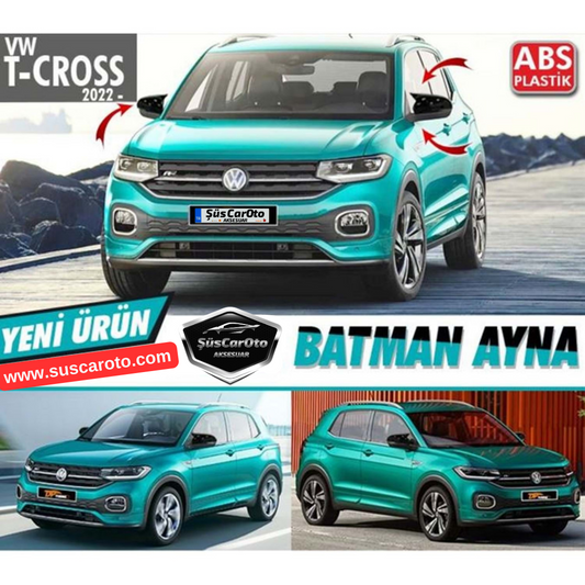 VW T-Cross 2022 en adelante compatible Carcasa de espejo retrovisor Batman Murciélago Piano Black Plástico ABS