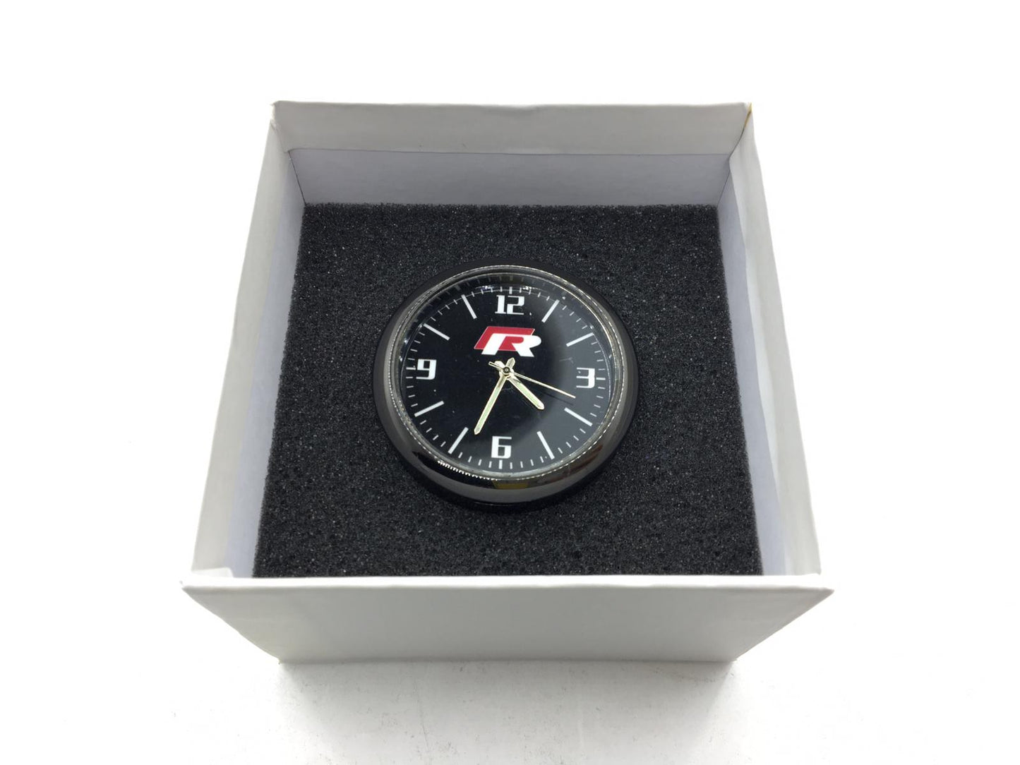 Reloj analógico retro compatible con salpicadero y ventilación interior de coche con logotipo R