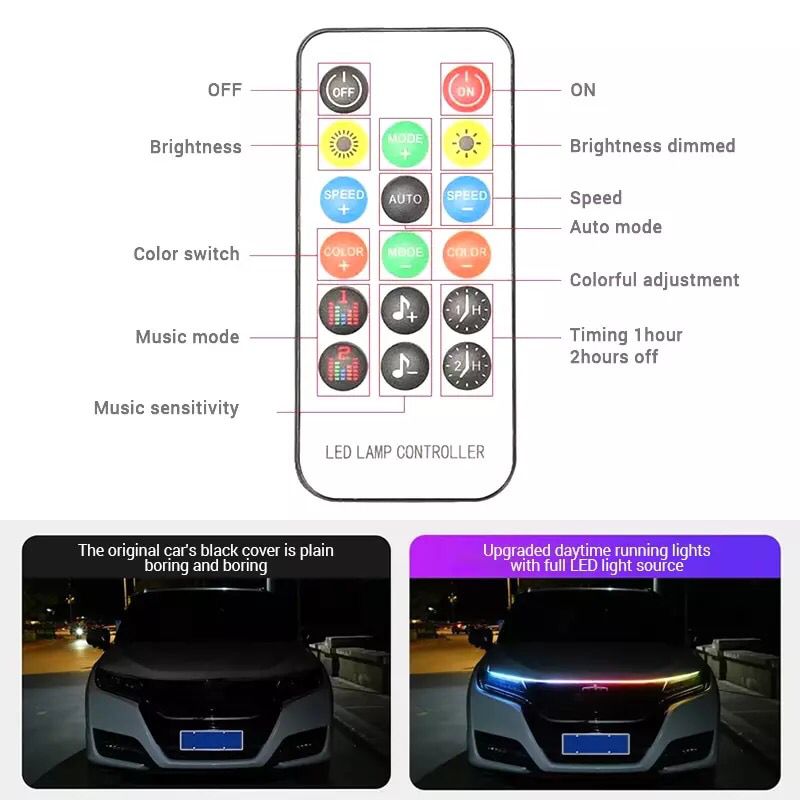DRL LED diurno para capó, control por aplicación y mando a distancia, tira de LED RGB de 1,5 metros, diseño Golf 8 ONG48